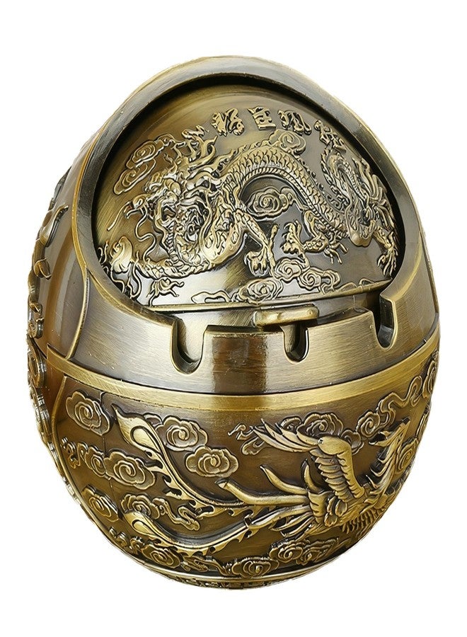 Chiorgone Vintage Chinese Dragon & Phoenix Metal Ashtray with Windproof Lid - Embossed Bronze Finish, Feng Shui Decorative Tabletop Ash Holder for Home Office Patio. - Image 1